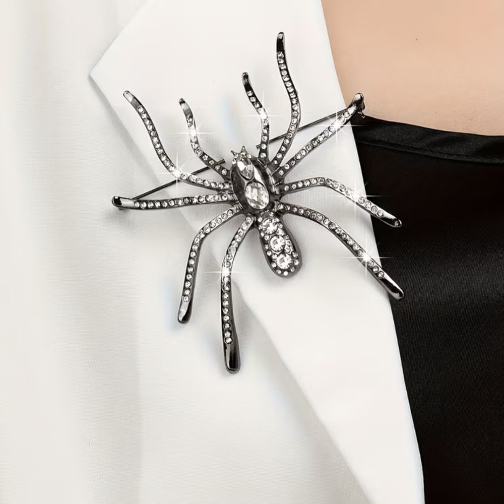 Gun Metal Black and Silver Rhinestone Spider Brooch